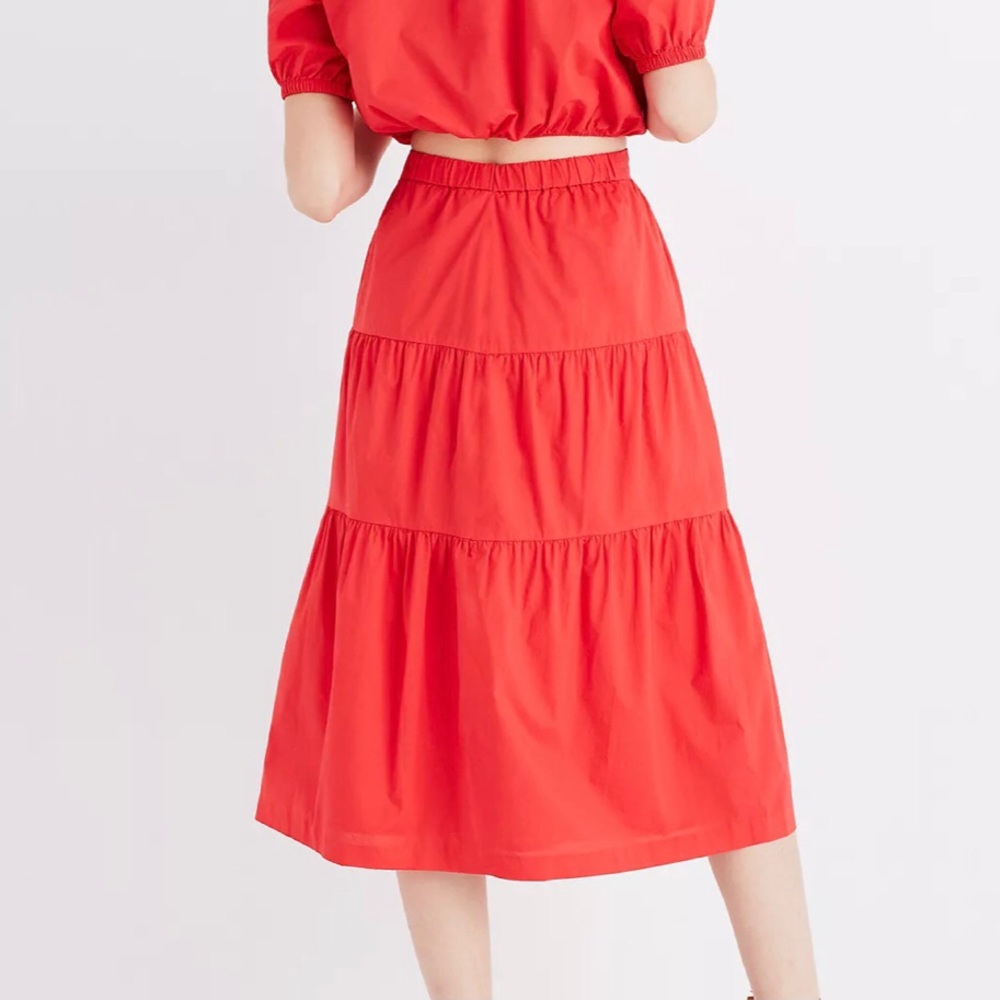 -SOLD- Madewell Bistro Tiered Button Front Midi Skirt True Red Small - Picture 2 of 7
